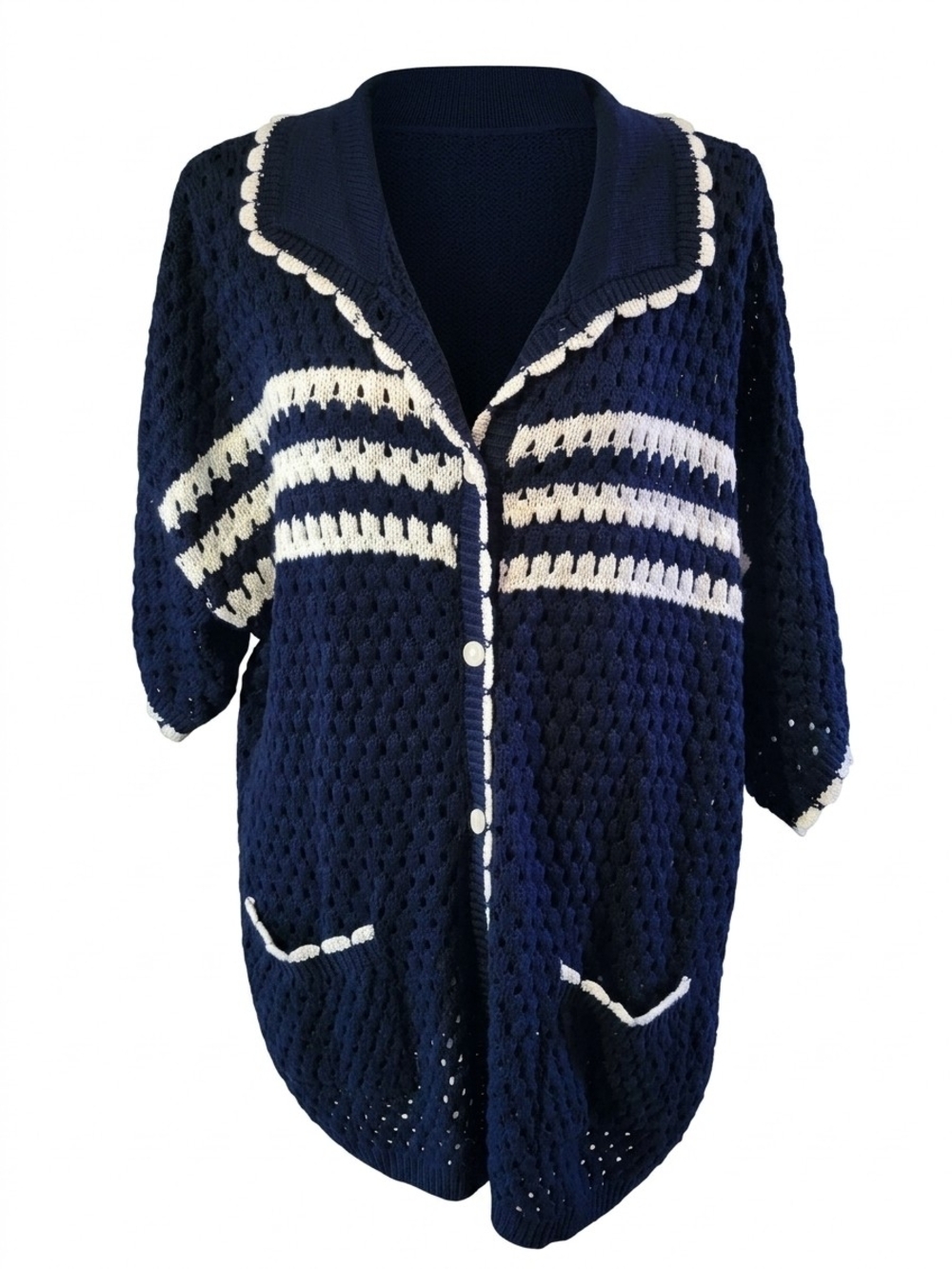 Classic Navy and White Knit Button Cardigan